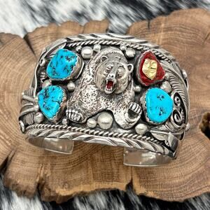 1980s Native American NAVAJO Sterling Silver Turquoise Coral Bear Cuff Bracelet